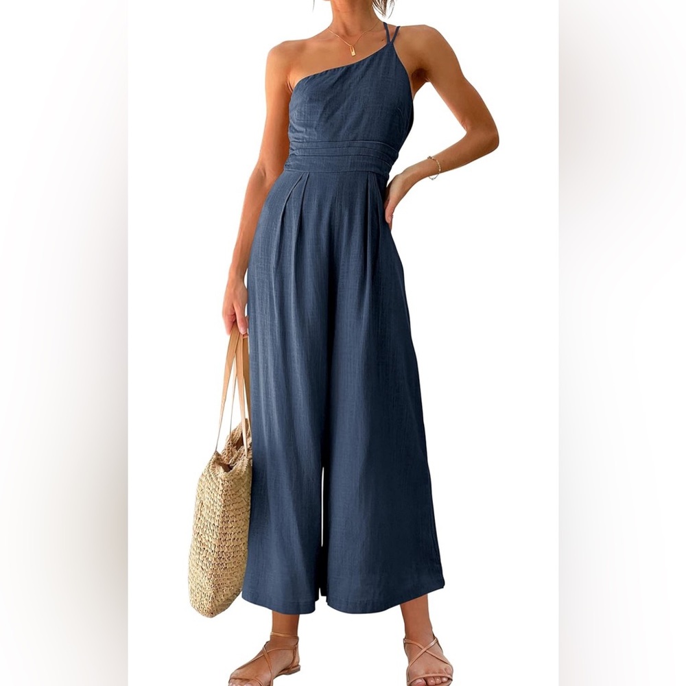 NWTS! One Shoulder High Waist Casual Wide Leg Linen Jumpsuit Romper with Pockets